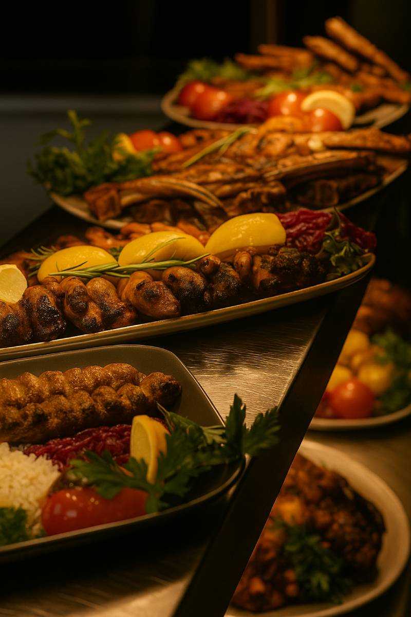Grilled Persian skewers and lamb chops on platters at Bora Bora in Birmingham.